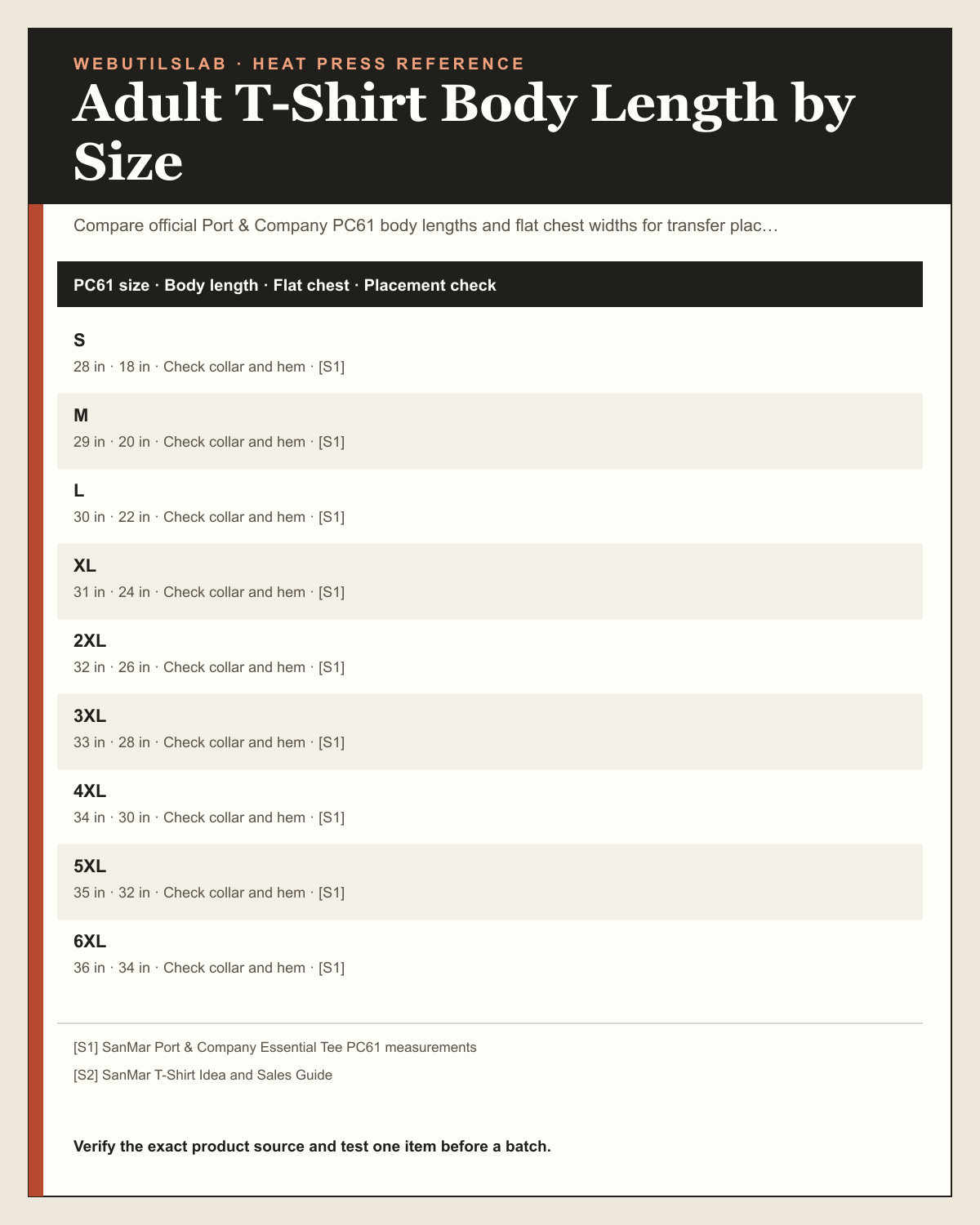 Adult T-Shirt Body Length by Size printable table preview