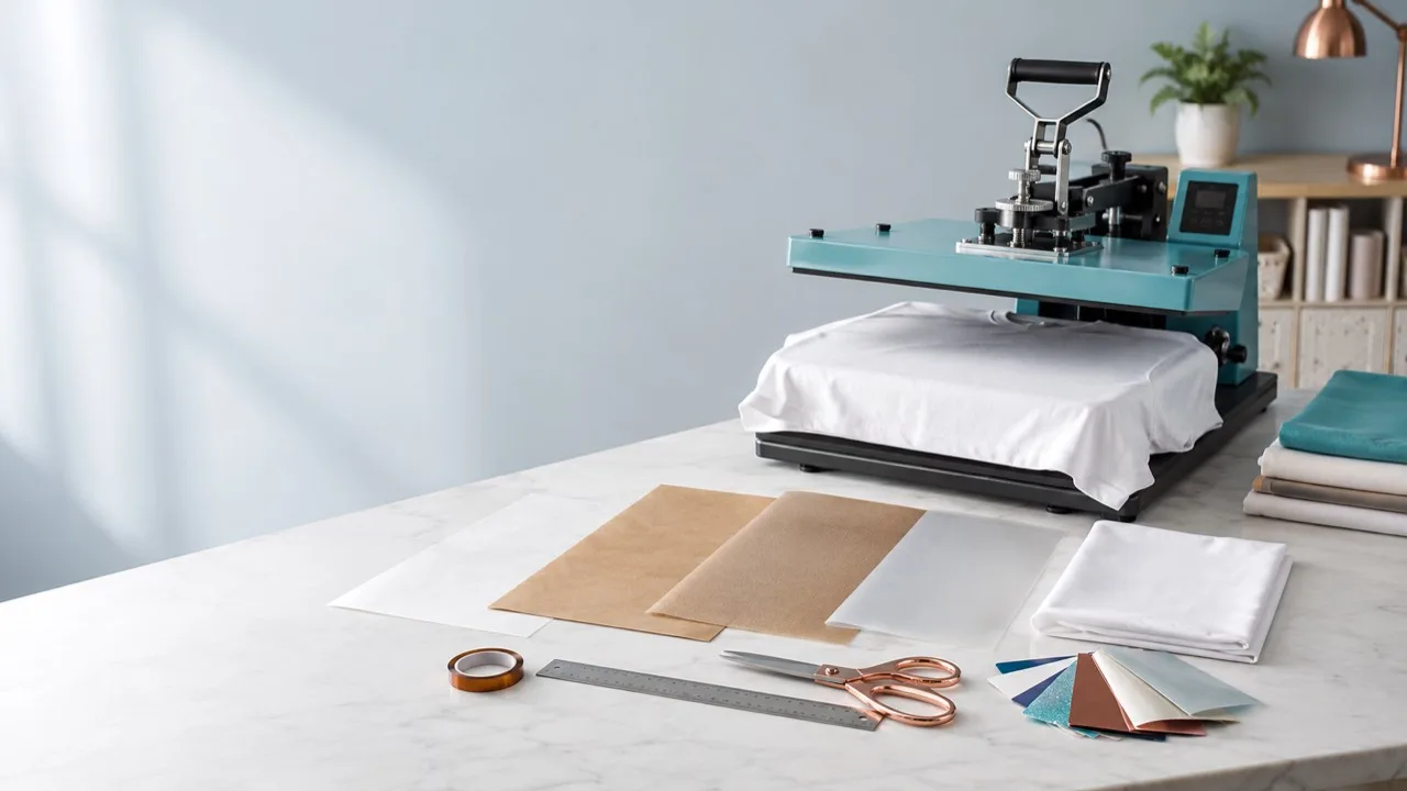 Heat press workbench with parchment, Teflon, silicone, and cotton finishing sheet materials