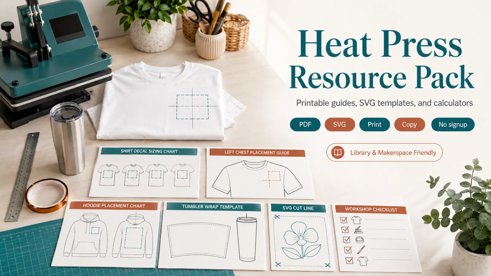 Illustrated heat press station with printable chart and SVG guide examples