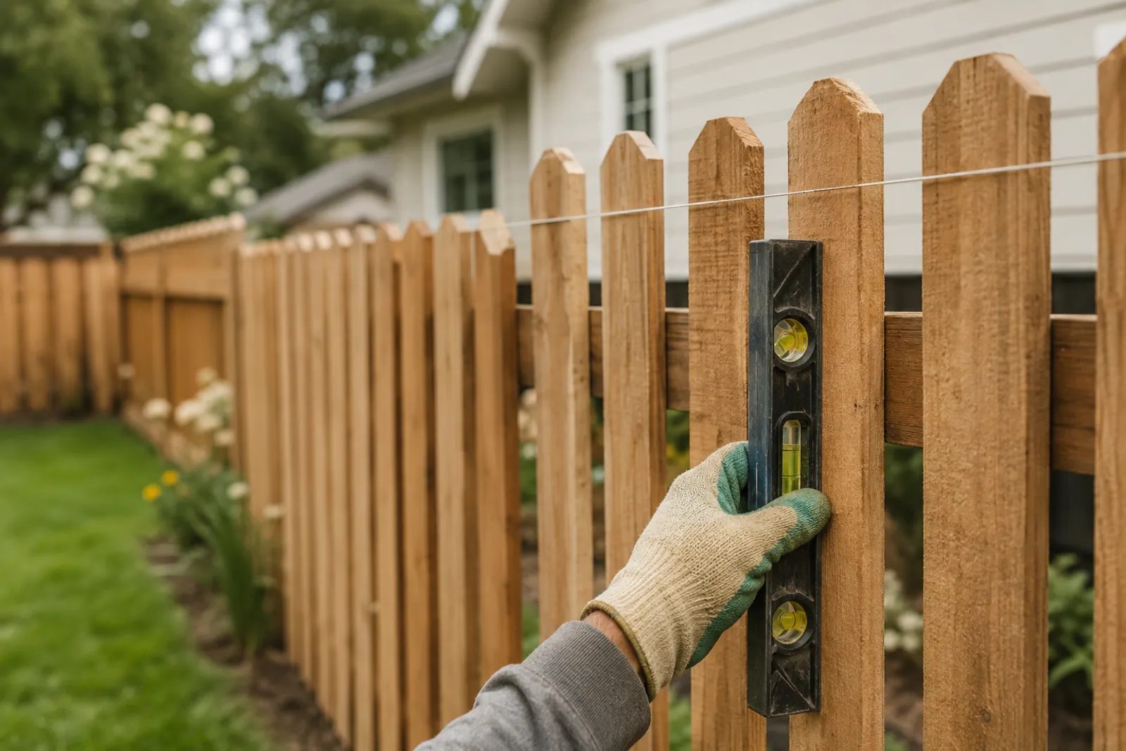 Plumbing wood fence pickets with a level against a string line