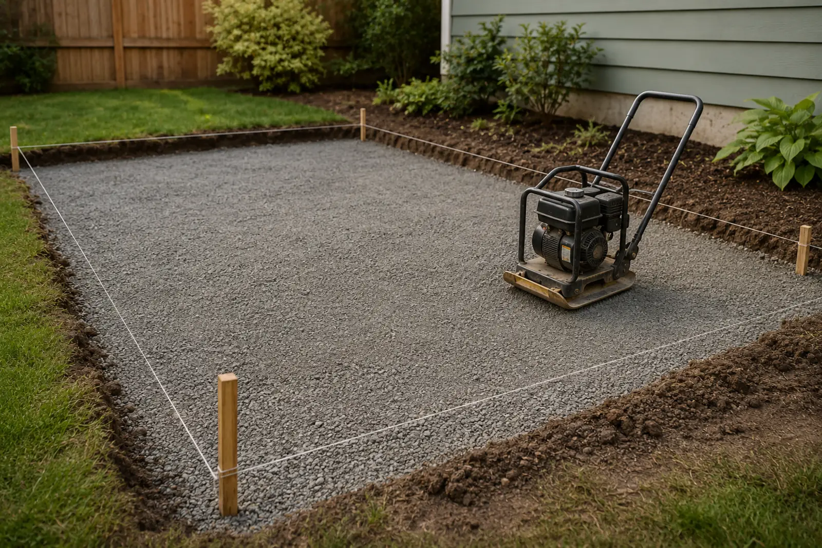 Compacted gravel paver base with string lines and a plate compactor